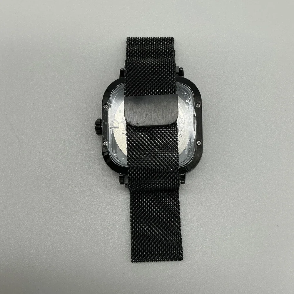 Mens Watch 41mm Square Skeleton Dial Black Mesh Automatic Stainless Steel